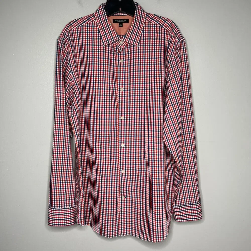 Banana Republic Button Dress Shirt Men XL Red Blue Check Plaid Non Iron Slim Fit